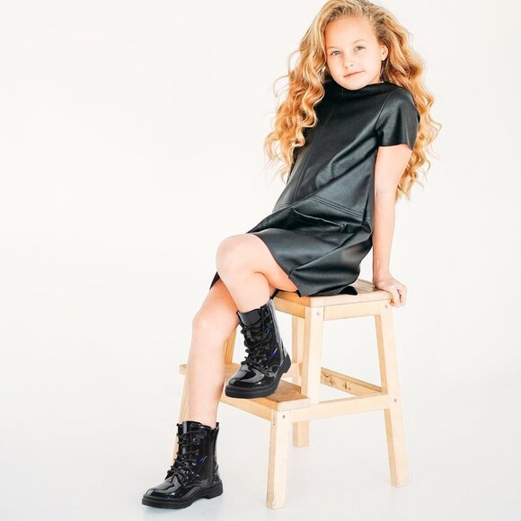 Girls Black Rubber Ankle Side Zipper Lace Up Stylish Comfort Glitter Boots - Picture 2 of 6